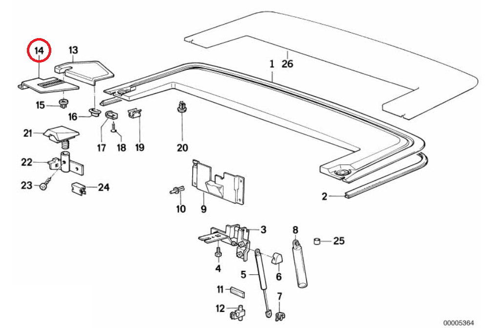 BMW E30 Cabrio-Teilediagramm mit Darstellung der Positionen der Verkleidungen des Faltverdecks 51431945355 und 51431945356