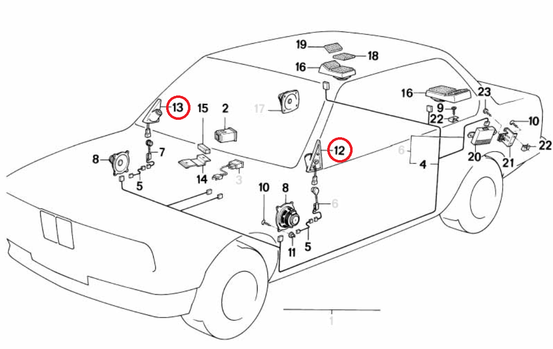 BMW E30 parts diagram showing position of tweeter housing 65131377688 65131377687